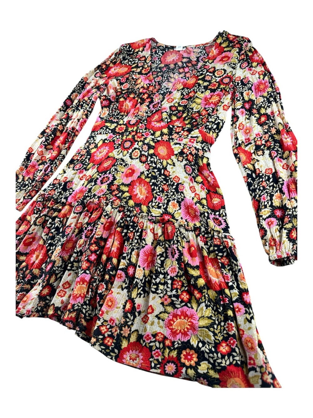 Billabong Floral Bold Botanical long sleeve Cottagecore Mini Dress Boho Sz M - Picture 3 of 6